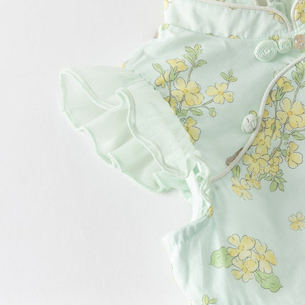 Toddler Girls Summer Green Floral Chinese-style Breathable A-line Mesh Dress