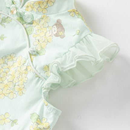 Toddler Girls Summer Green Floral Chinese-style Breathable A-line Mesh Dress