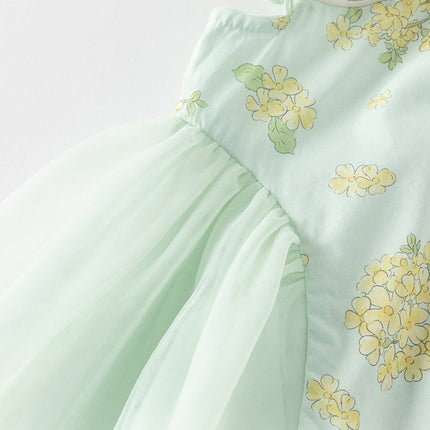 Toddler Girls Summer Green Floral Chinese-style Breathable A-line Mesh Dress