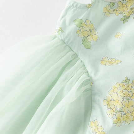 Toddler Girls Summer Green Floral Chinese-style Breathable A-line Mesh Dress
