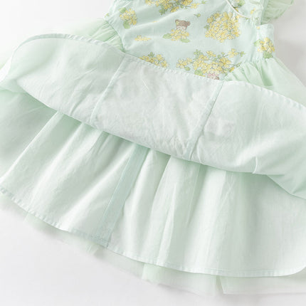 Toddler Girls Summer Green Floral Chinese-style Breathable A-line Mesh Dress
