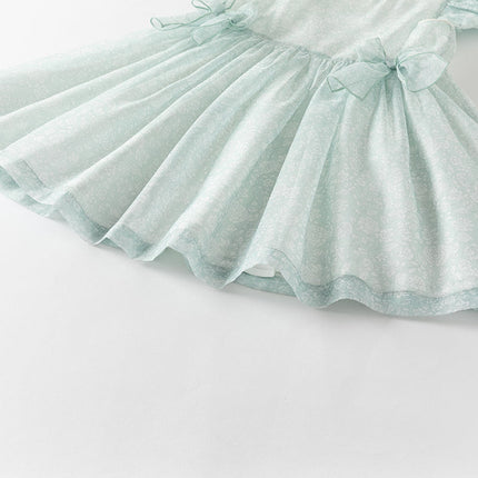 Girls Summer Bow Tie Green Cotton Dress