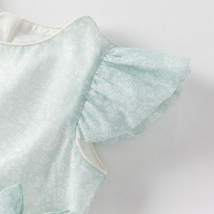 Girls Summer Bow Tie Green Cotton Dress