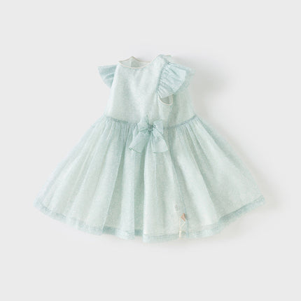 Girls Summer Bow Tie Green Cotton Dress