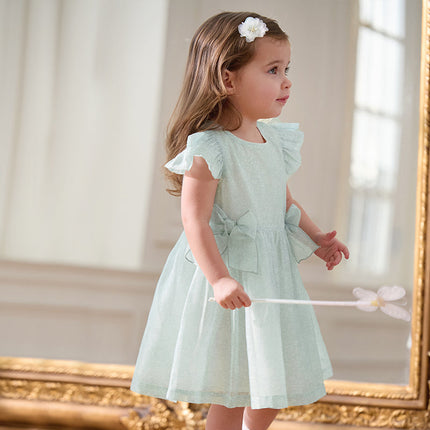 Girls Summer Bow Tie Green Cotton Dress