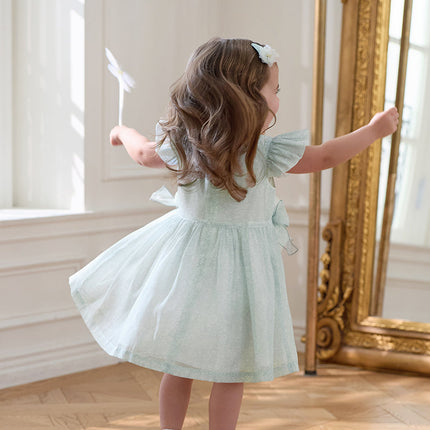 Girls Summer Bow Tie Green Cotton Dress