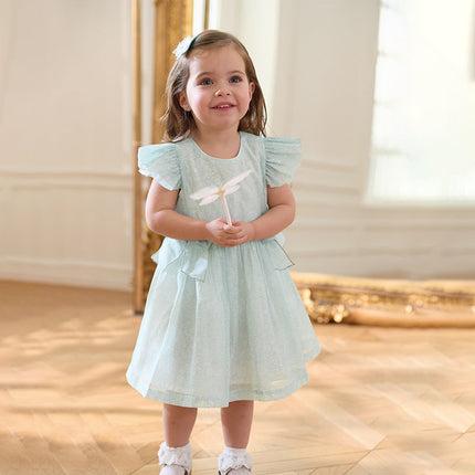 Girls Summer Bow Tie Green Cotton Dress