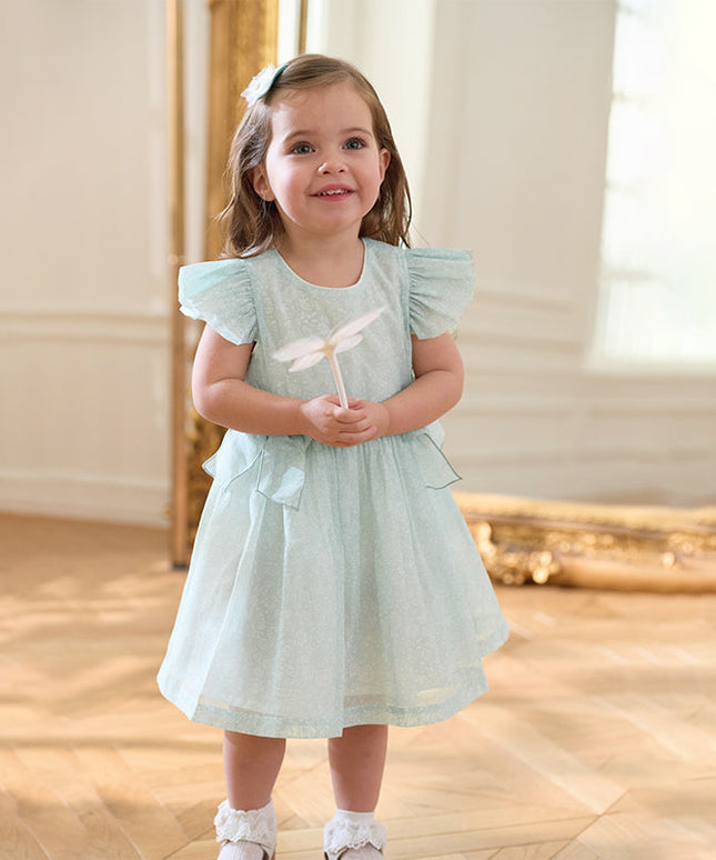 Girls Summer Bow Tie Green Cotton Dress