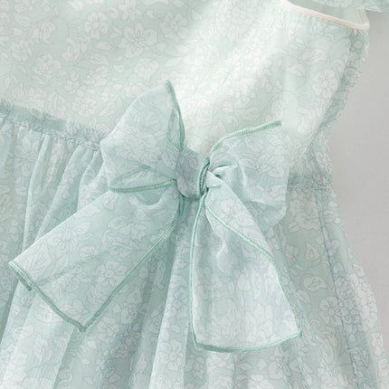 Girls Summer Bow Tie Green Cotton Dress