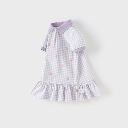 Girls Summer Cotton Purple Plaid Polo Cute College Dress