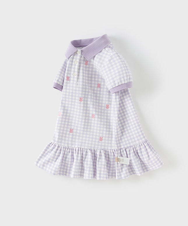 Girls Summer Cotton Purple Plaid Polo Cute College Dress