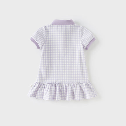 Girls Summer Cotton Purple Plaid Polo Cute College Dress