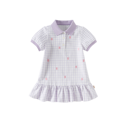 Girls Summer Cotton Purple Plaid Polo Cute College Dress
