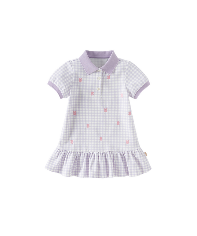 Girls Summer Cotton Purple Plaid Polo Cute College Dress