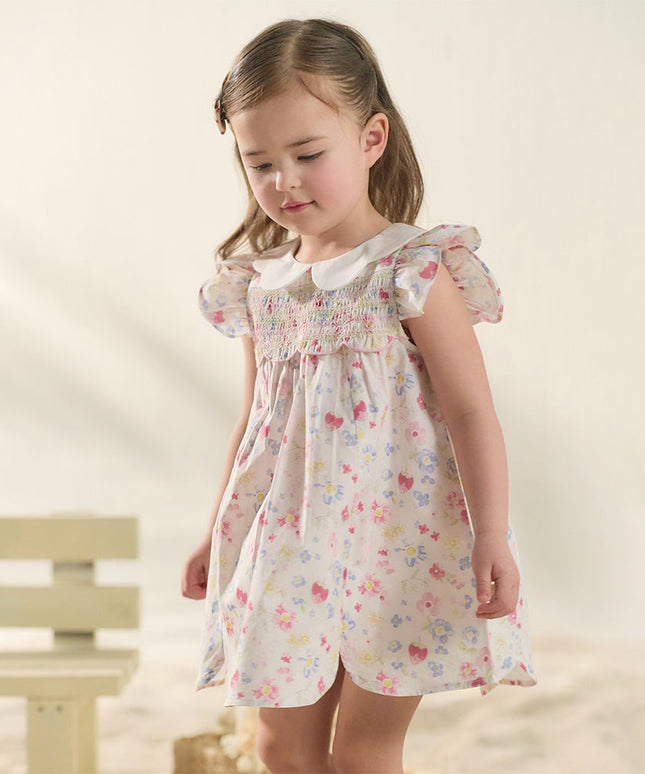 Toddler Girls Summer Floral Print Doll Collar Breathable Cotton Casual Dress