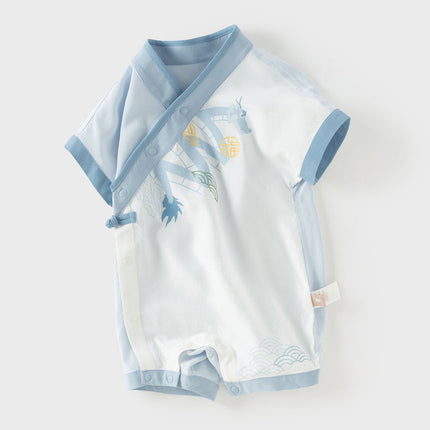 Baby Boys Summer Blue Chinese-style V-Neck Lightweight Rompers