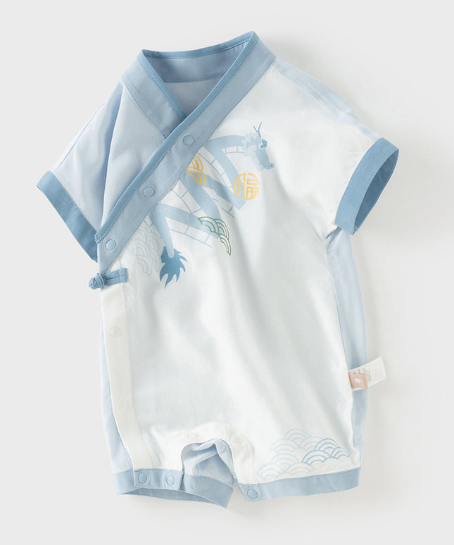Baby Boys Summer Blue Chinese-style V-Neck Lightweight Rompers