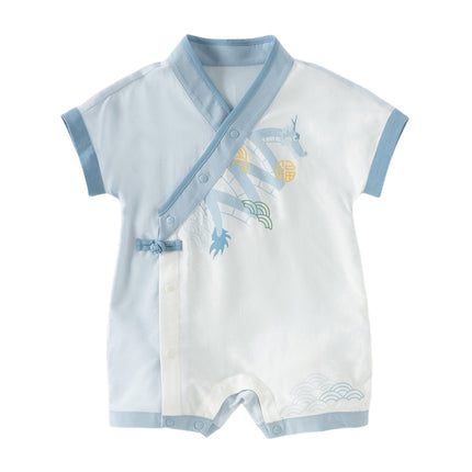 Baby Boys Summer Blue Chinese-style V-Neck Lightweight Rompers