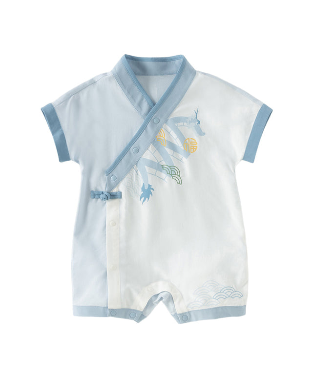 Baby Boys Summer Blue Chinese-style V-Neck Lightweight Rompers
