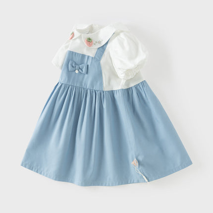 Toddler Girls Summer Beige Doll Collar College-style Fake-two-piece Dress