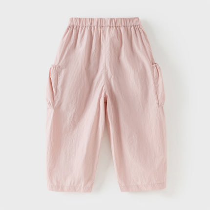 Kids Girls Summer Comfortable Pink/Light Grey Wide Straight-leg Pants