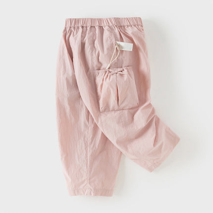 Kids Girls Summer Comfortable Pink/Light Grey Wide Straight-leg Pants