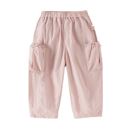 Kids Girls Summer Comfortable Pink/Light Grey Wide Straight-leg Pants