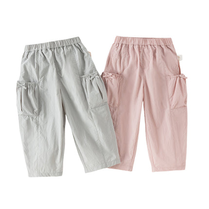 Kids Girls Summer Comfortable Pink/Light Grey Wide Straight-leg Pants