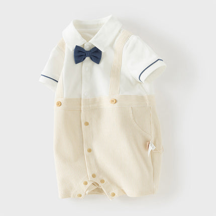Toddler Boys Summer Khaki Breathable Fake-two-piece Short Sleeve Rompers