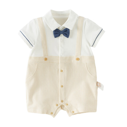 Toddler Boys Summer Khaki Breathable Fake-two-piece Short Sleeve Rompers