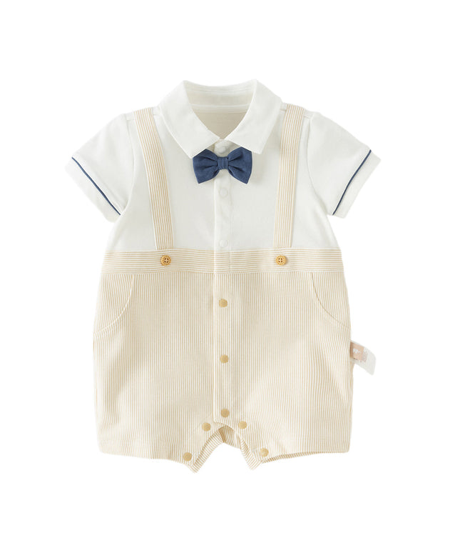 Toddler Boys Summer Khaki Breathable Fake-two-piece Short Sleeve Rompers