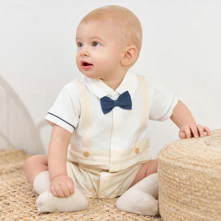 Toddler Boys Summer Khaki Breathable Fake-two-piece Short Sleeve Rompers