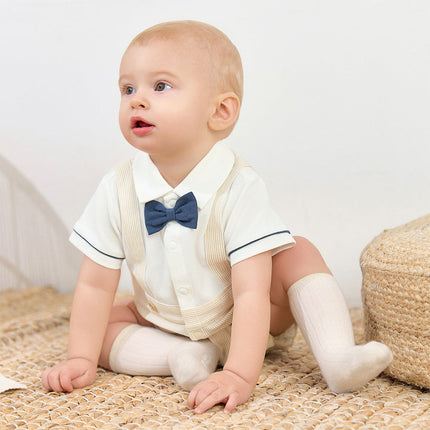 Toddler Boys Summer Khaki Breathable Fake-two-piece Short Sleeve Rompers