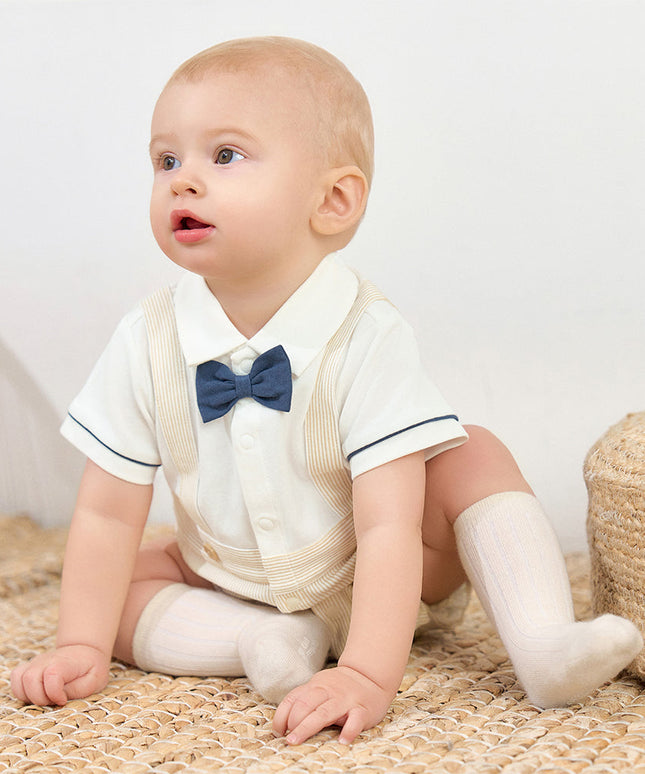 Toddler Boys Summer Khaki Breathable Fake-two-piece Short Sleeve Rompers