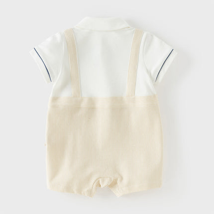 Toddler Boys Summer Khaki Breathable Fake-two-piece Short Sleeve Rompers