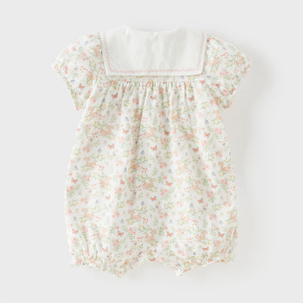 Baby Girls Summer Cute Squirrel Print Beige Cotton Breathable Indoor Rompers