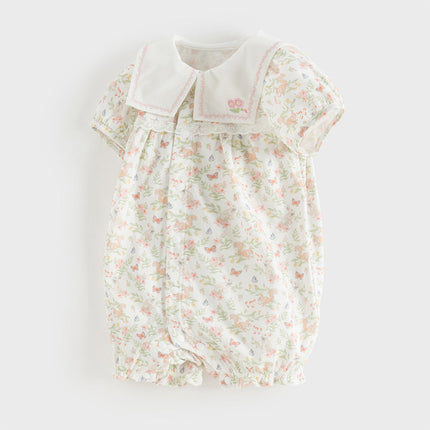 Baby Girls Summer Cute Squirrel Print Beige Cotton Breathable Indoor Rompers