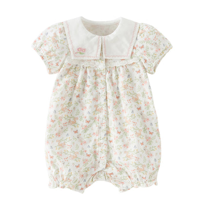 Baby Girls Summer Cute Squirrel Print Beige Cotton Breathable Indoor Rompers