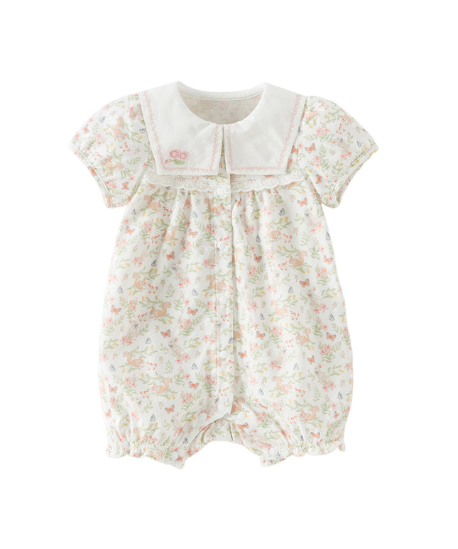 Baby Girls Summer Cute Squirrel Print Beige Cotton Breathable Indoor Rompers
