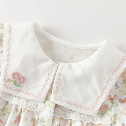 Baby Girls Summer Cute Squirrel Print Beige Cotton Breathable Indoor Rompers