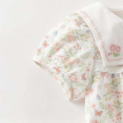 Baby Girls Summer Cute Squirrel Print Beige Cotton Breathable Indoor Rompers