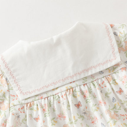 Baby Girls Summer Cute Squirrel Print Beige Cotton Breathable Indoor Rompers