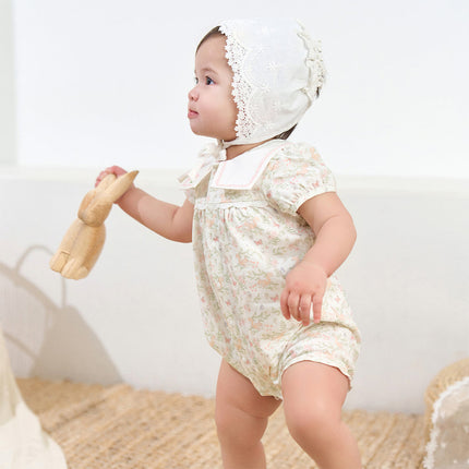 Baby Girls Summer Cute Squirrel Print Beige Cotton Breathable Indoor Rompers