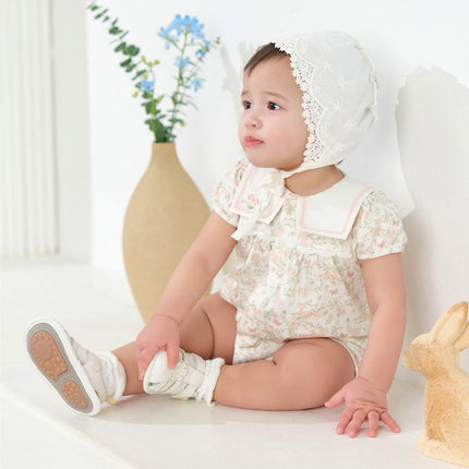 Baby Girls Summer Cute Squirrel Print Beige Cotton Breathable Indoor Rompers