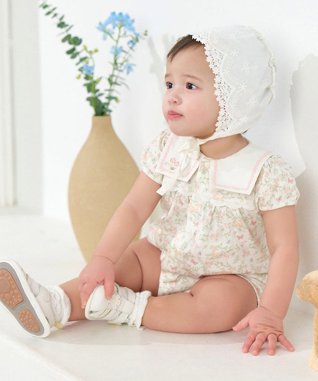 Baby Girls Summer Cute Squirrel Print Beige Cotton Breathable Indoor Rompers