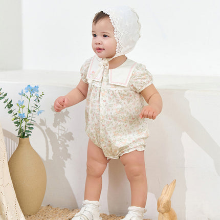 Baby Girls Summer Cute Squirrel Print Beige Cotton Breathable Indoor Rompers