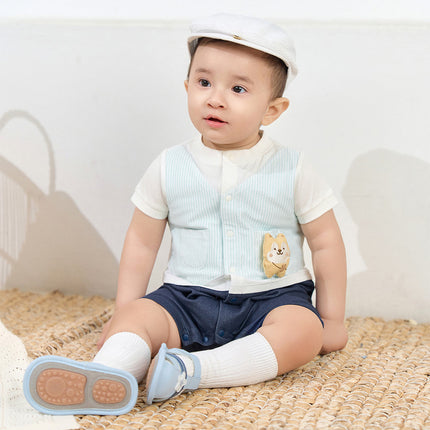 Baby Boys Summer Blue White Striped Casual Soft Round Collar Rompers