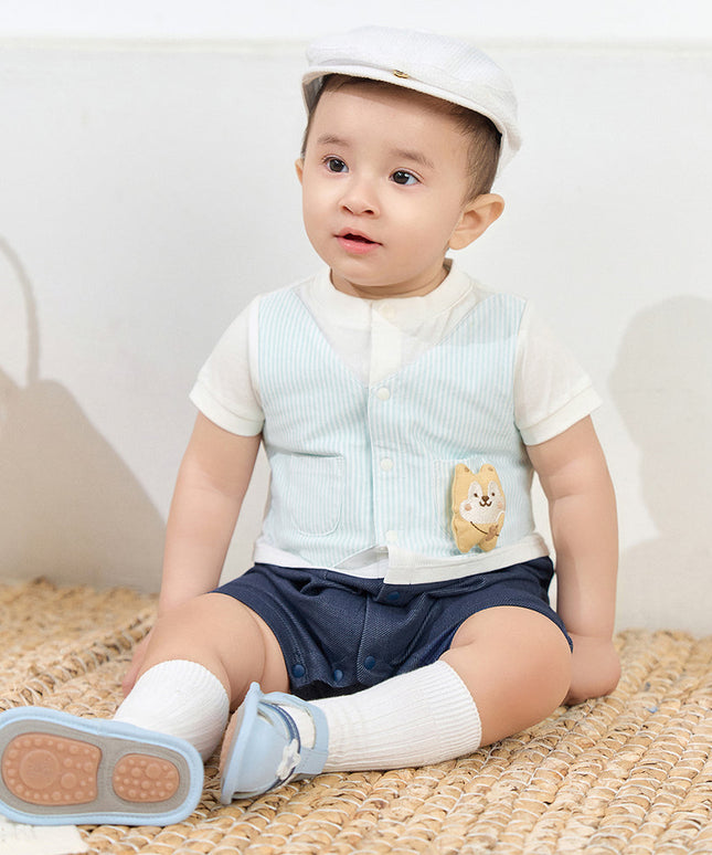 Baby Boys Summer Blue White Striped Casual Soft Round Collar Rompers