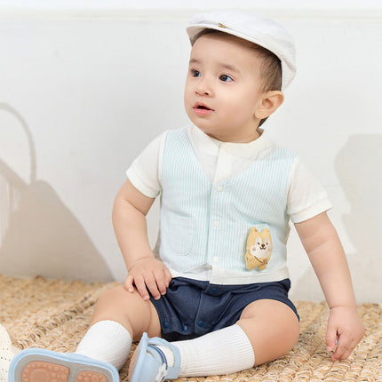 Baby Boys Summer Blue White Striped Casual Soft Round Collar Rompers