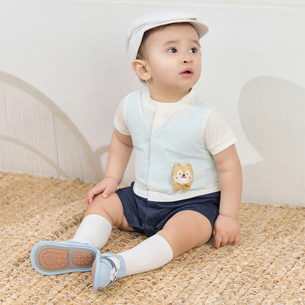 Baby Boys Summer Blue White Striped Casual Soft Round Collar Rompers